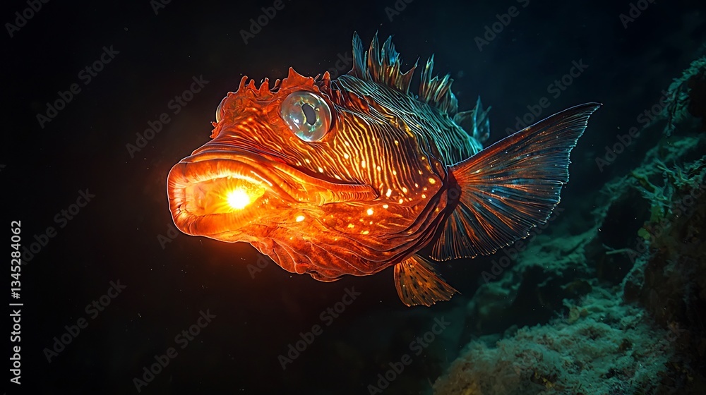 Fototapeta premium Mysterious Deep Sea Anglerfish lurking in the pitch black abyss its bioluminescent lure glowing eerily in the darkness