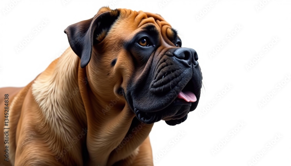 Imposing mastiff, alert expression, pure white backdrop, face, studio shot, pet Imposing mastiff, alert expression, pure white backdrop, face, studio shot, pet