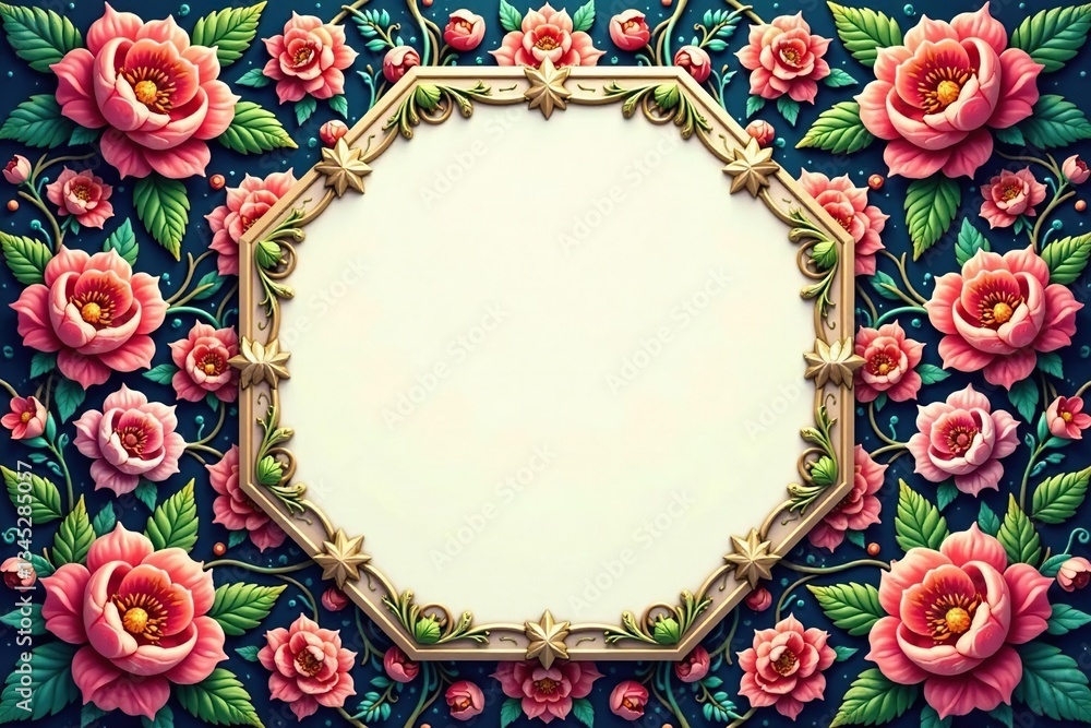 Fototapeta premium Intricate floral pattern within a hexagonal geometric frame , design, deco, wallpaper
