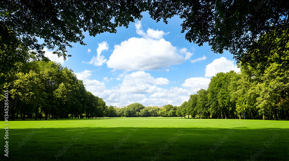 Expansive Green Field Surrounded By Lush Green Trees Under Bright Blue Sky With White Clouds Sunlight and Shadows Expansive Green Field Surrounded By Lush Green Trees Under Bright Blue Sky With White Clouds Sunlight and Shadows
