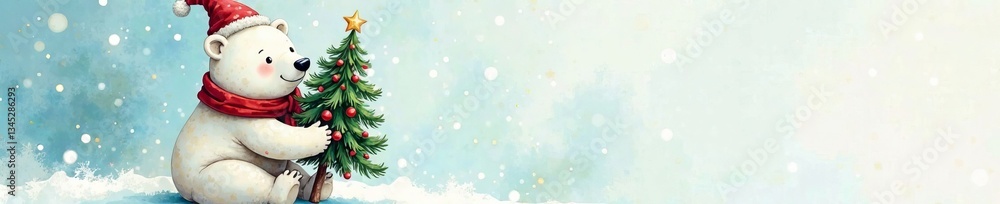 A cute polar bear in a festive scarf holding a tiny Christmas tree in a snowy scene. A cute polar bear in a festive scarf holding a tiny Christmas tree in a snowy scene.