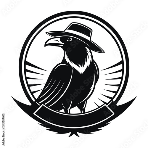 Vintage Monochrome Silhouette of Raven Perched on a Cowboy Hat