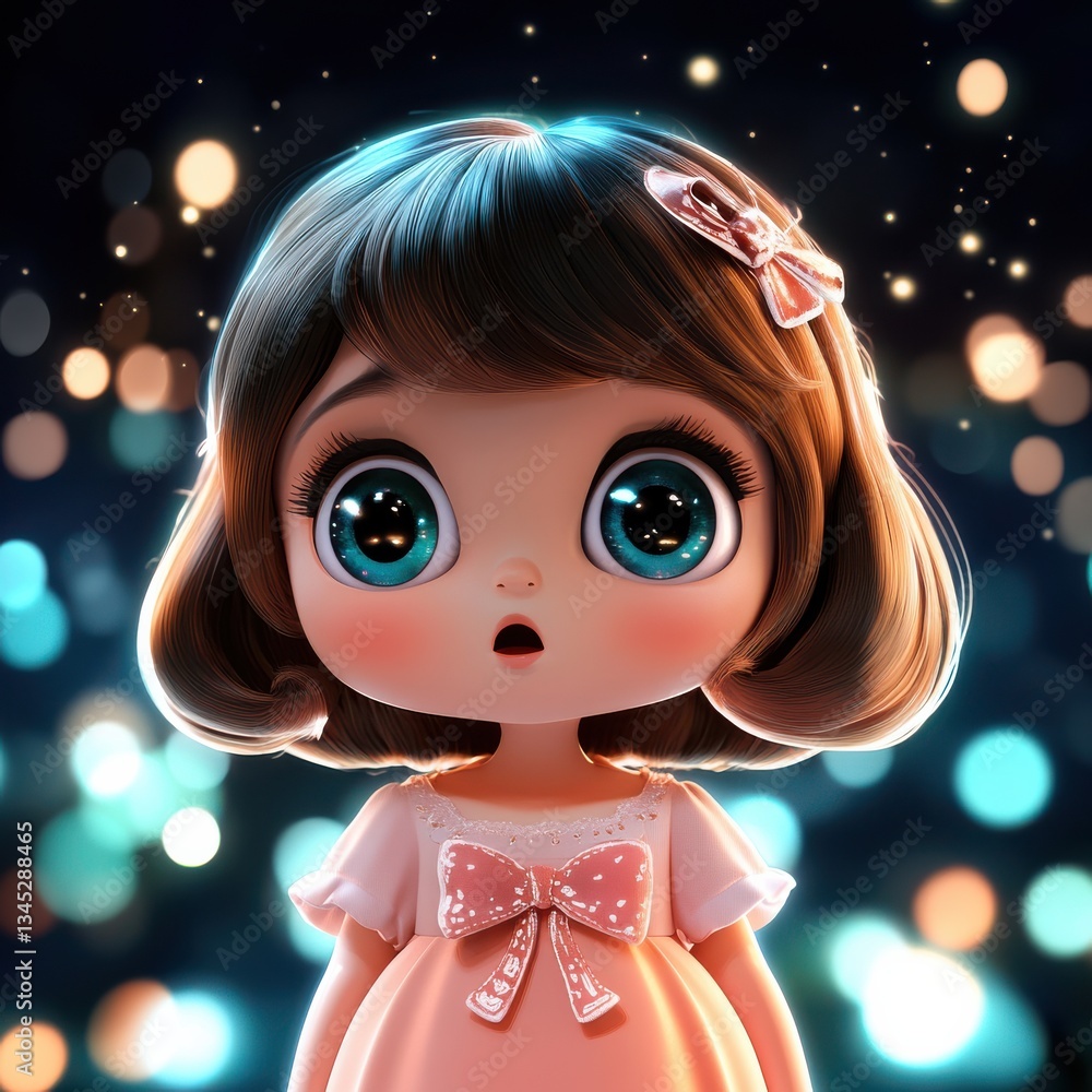 Digital illustration of a doll-like figure with large blue eyes and a pink bow in a gradient background Digital illustration of a doll-like figure with large blue eyes and a pink bow in a gradient background
