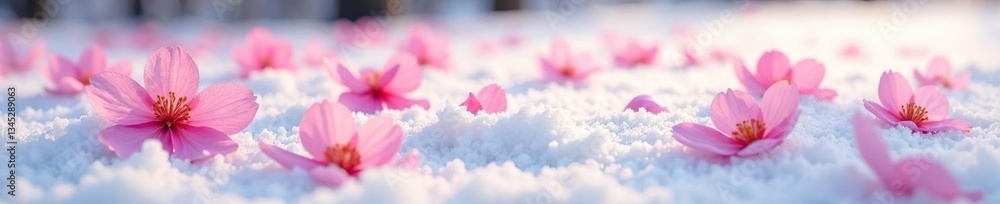 Delicate flower petals scattered on a snow-covered ground, Spring Blooms, Pink Flowers Delicate flower petals scattered on a snow-covered ground, Spring Blooms, Pink Flowers