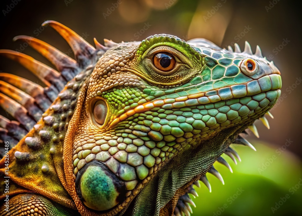 Fototapeta premium Close-up of Iguana Spikes, Reptile Detail, Green Lizard Texture, Scaly Skin, Wild Animal