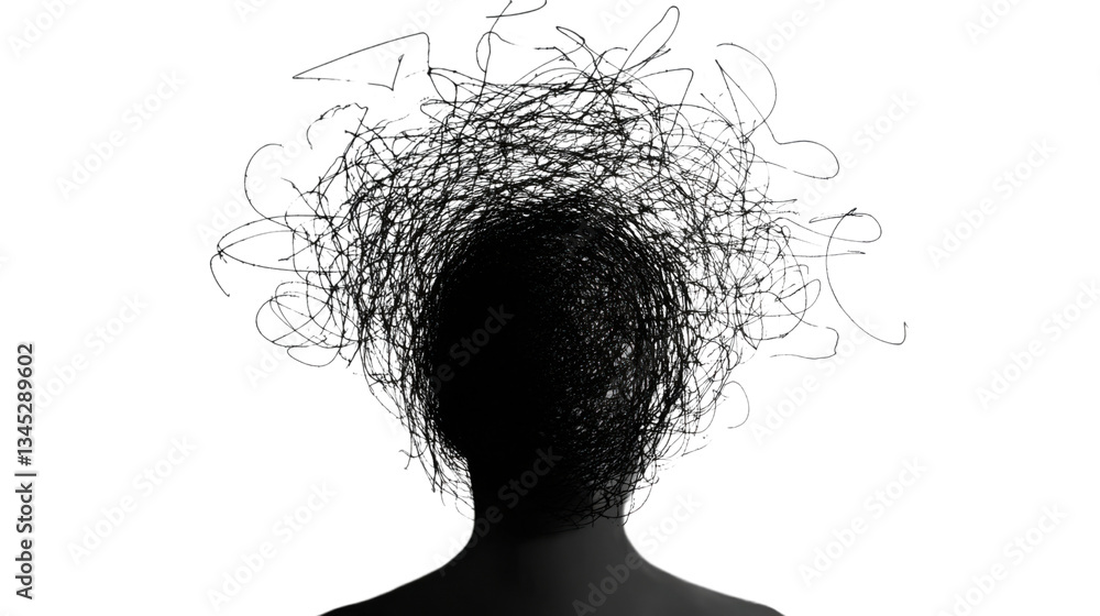 Silhouette of person experiencing anxiety and stress with tangled thoughts on transparent background