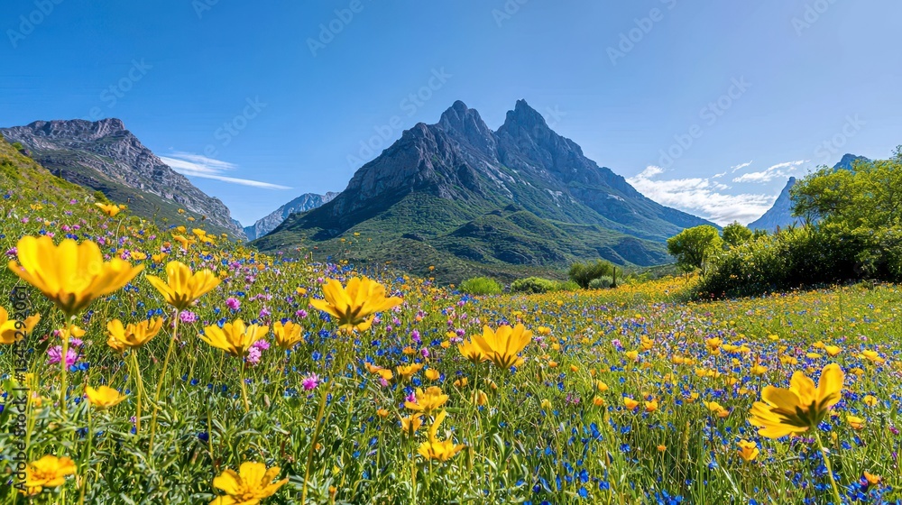 Vibrant Wildflower Meadow Against Majestic Mountains Under a Sunny Sky Vibrant Wildflower Meadow Against Majestic Mountains Under a Sunny Sky