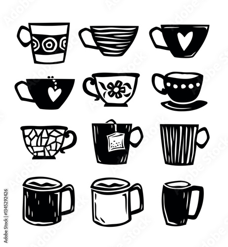 Collection of cute hand drawn mugs and cups in vintage woodcut style. Tea and coffee elements, isolated. Vector illustration
