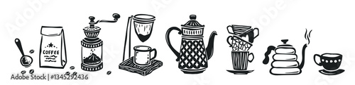 Collection of coffee making elements. Grinder, strainer, jugs, teapots, cups, spoons and mugs. Vector illustration. Hand drawn in doodle style.
