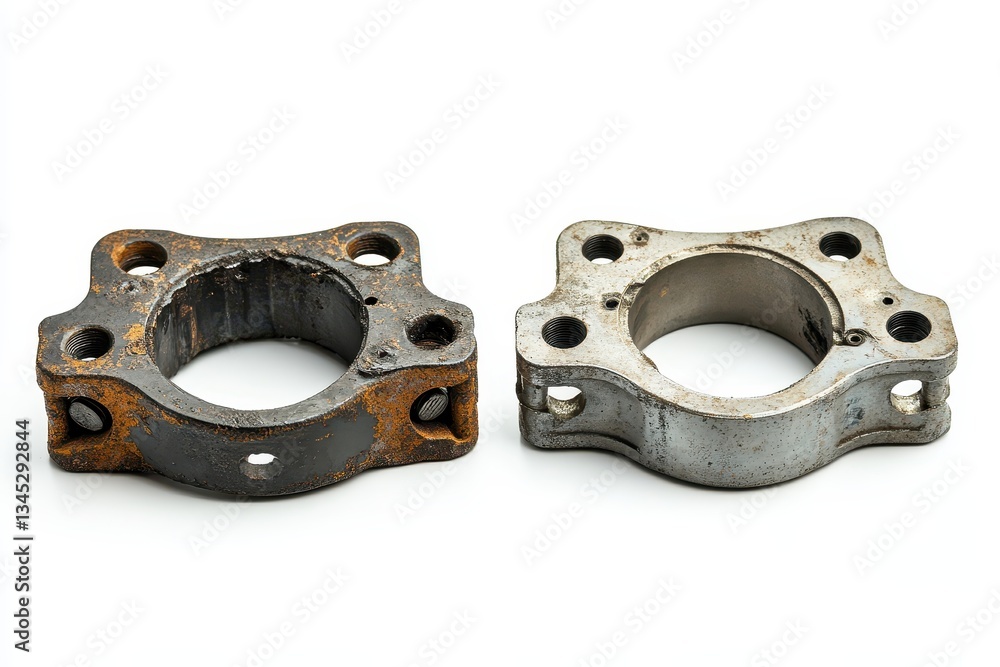 Obraz premium Old rusted flange and new metal flange side by side.