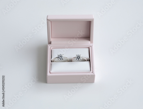 Two sparkling diamond engagement rings displayed in a soft pink jewelry box, symbolizing love, commitment, and luxury on a white background. Generative by Ai
