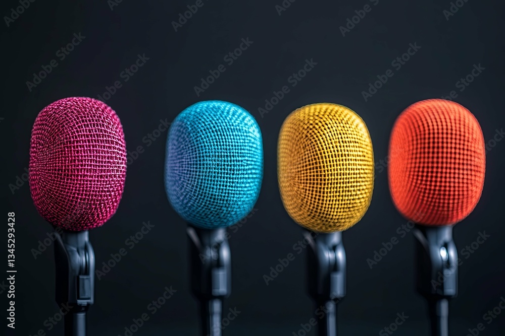 Four colorful microphones stand on black background display Four colorful microphones stand on black background display