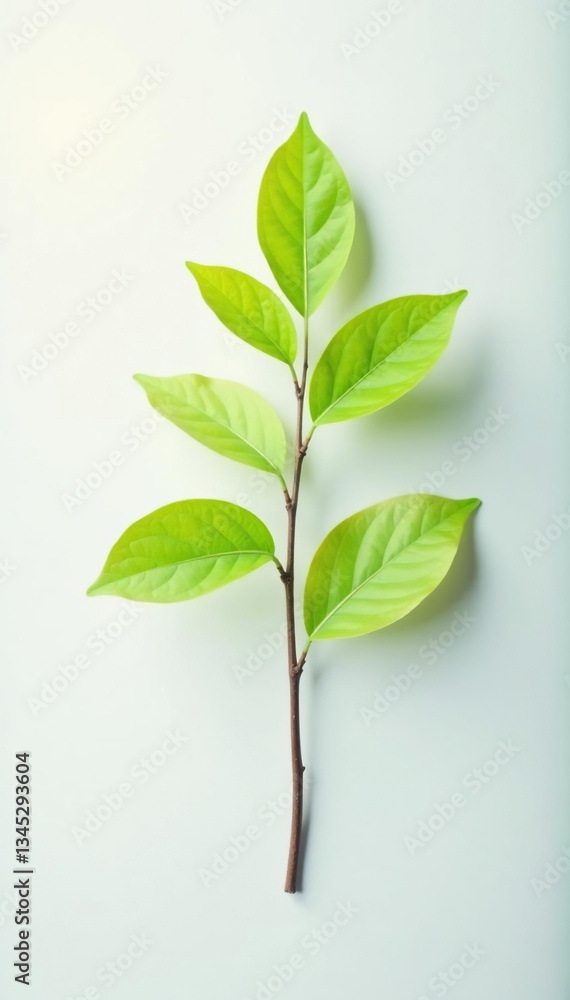 Fototapeta premium A small branch with leaves on a white background with soft light, nature, simple