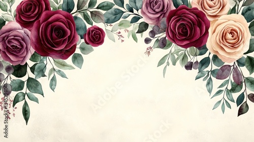 Elegant floral border with burgundy and peach roses, greenery, and soft pastel background