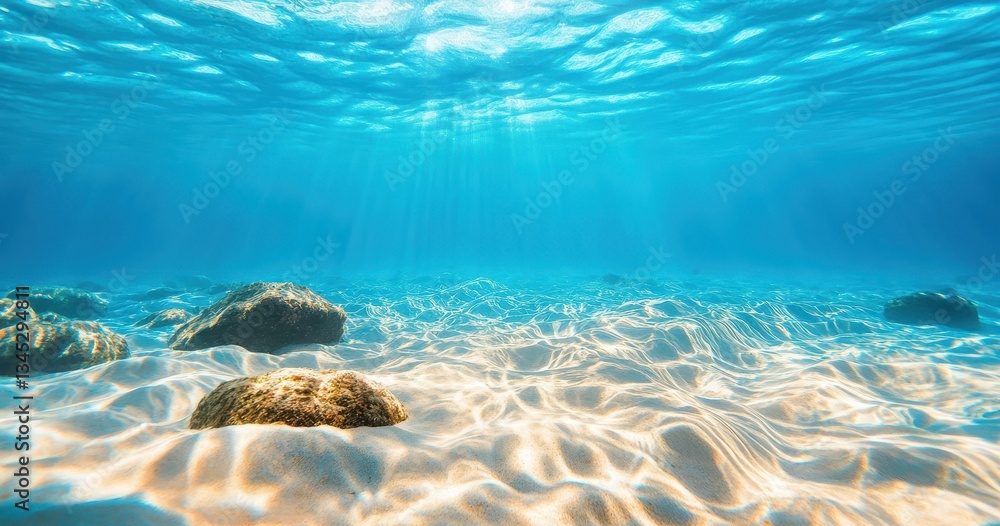Naklejka premium Sunlight dances on a serene underwater sandy floor.
