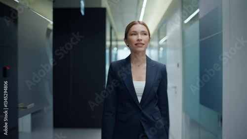 Wallpaper Mural Confident employee strolling building hall rejoicing success jumping closeup Torontodigital.ca