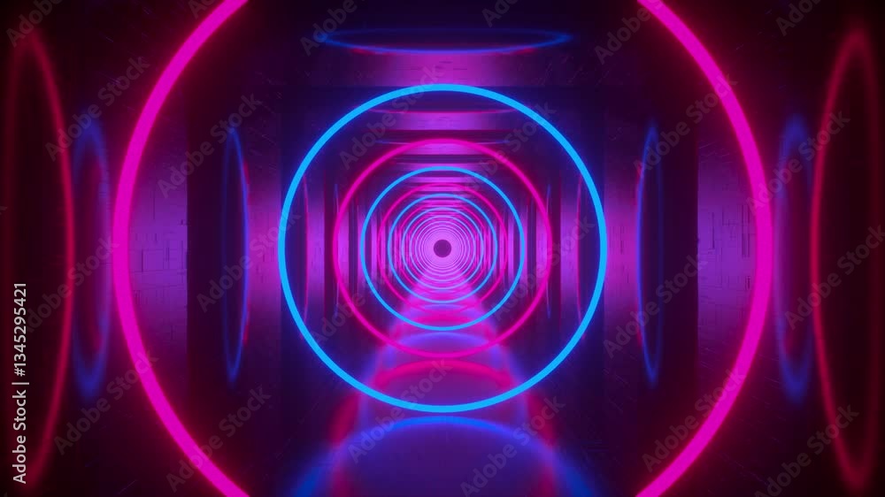 Moving forward inside endless corridor with neon laser circles. Abstract background with infinite flight in a futuristic dark tunnel. Seamless loop 3d render. Moving forward inside endless corridor with neon laser circles. Abstract background with infinite flight in a futuristic dark tunnel. Seamless loop 3d render.
