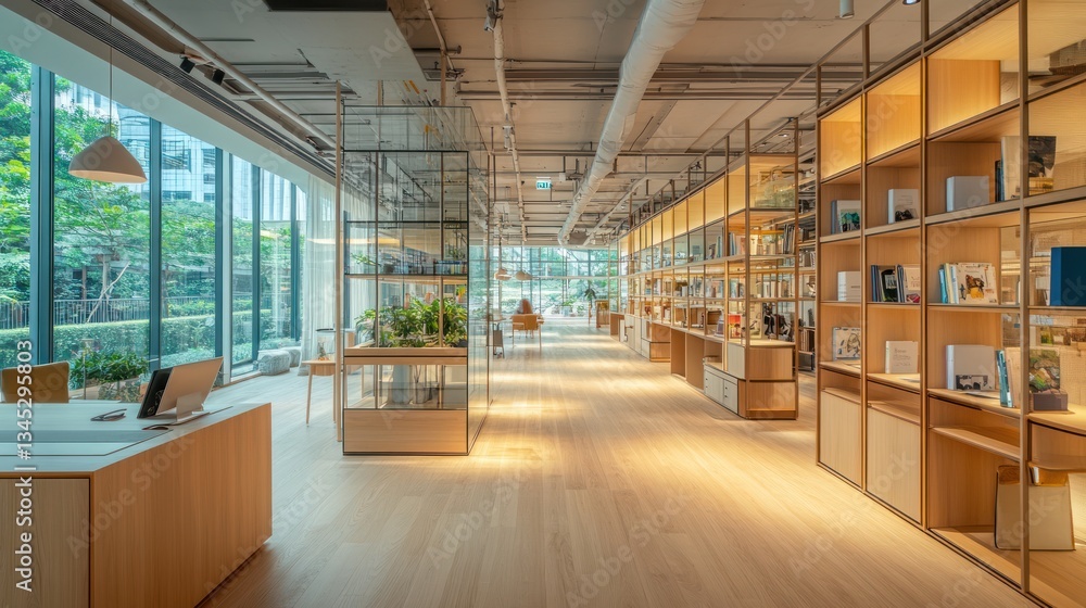 Modern office space with floor to ceiling windows, bookshelves, and plants. Suitable for showcasing modern architecture, interior design, and workspace Modern office space with floor to ceiling windows, bookshelves, and plants. Suitable for showcasing modern architecture, interior design, and workspace