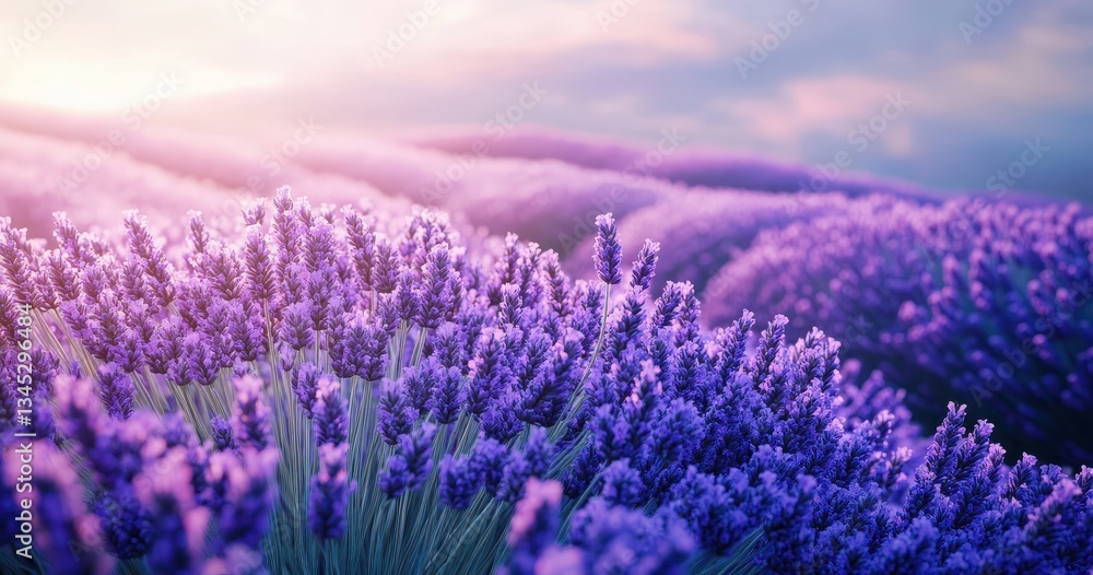 Obraz premium Vast lavender field bathed in serene sunset glow