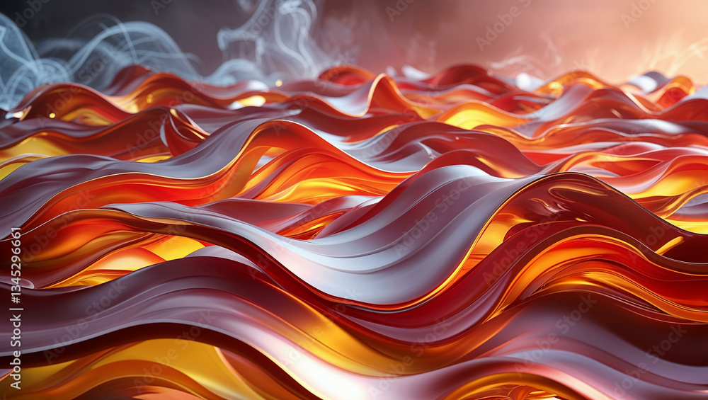 Fototapeta premium An abstract 3D render of multiple intertwined, fluid molten waves forming a flowing, organic pattern. The ribbons have a glass-like liquid texture with smooth reflections and refractions.