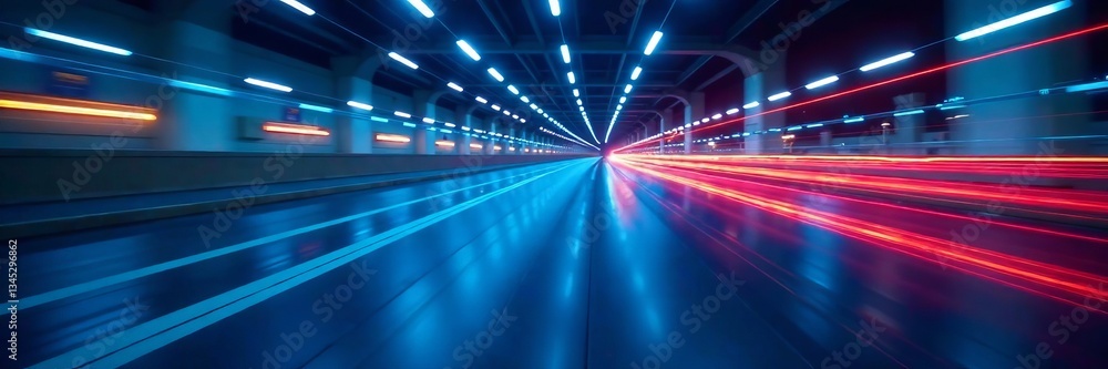 Fototapeta premium Dynamic motion of lights reflecting in a tunnel during a high-speed journey.