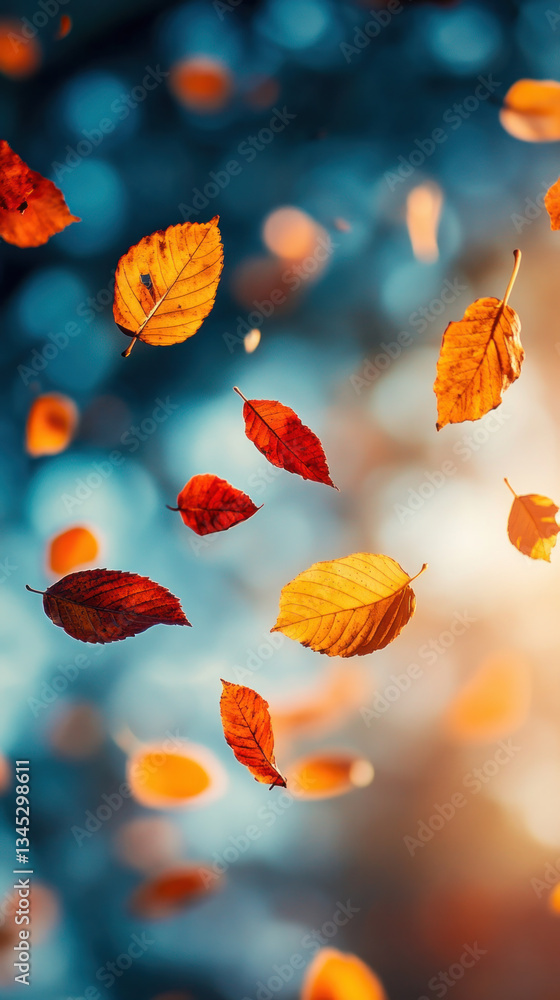 A beautiful autumn scene with leaves falling from trees. The leaves are orange and the sky is blue A beautiful autumn scene with leaves falling from trees. The leaves are orange and the sky is blue