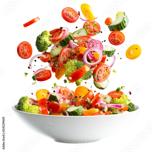 Fresh Vegetable Salad in a Bowl, Healthy Eating. Flying Ingredients Concept