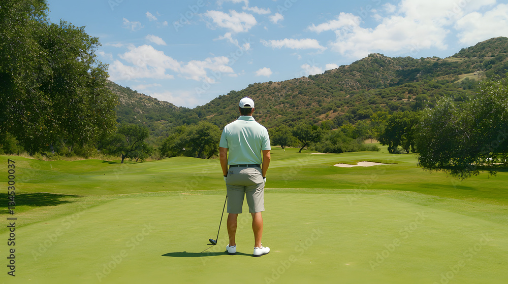 Focused Golfer in Bright Daylight on Scenic Golf Course Preparing for a Swing Amidst Lush Greenery Focused Golfer in Bright Daylight on Scenic Golf Course Preparing for a Swing Amidst Lush Greenery