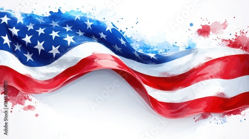 A vibrant, patriotic American flag rendered in an abstract grunge style. The paint splatters and distressed texture add a sense of energy and chaos, with bold brushstrokes capturing the stars 