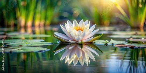 A serene lake scene with a single water lily reflected on the rippling surface of the water , aquatic plants, calm atmosphere
