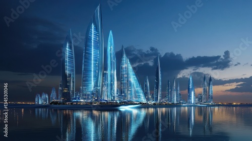 Wallpaper Mural Futuristic city skyline at night, water reflection,  ideal for backgrounds, posters, etc. Torontodigital.ca