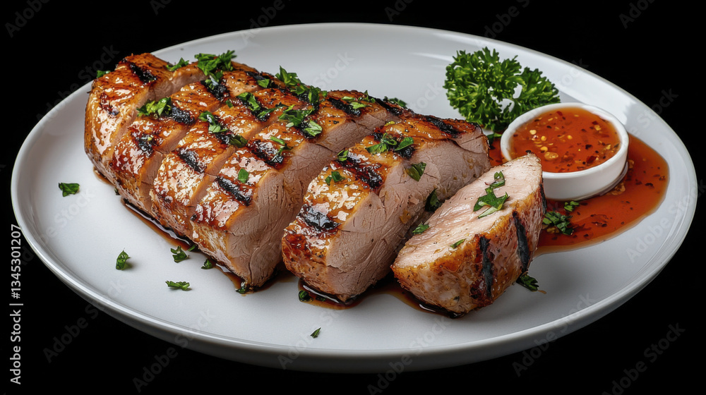 Delicious grilled pork loin served with savory sauce and fresh herbs Delicious grilled pork loin served with savory sauce and fresh herbs