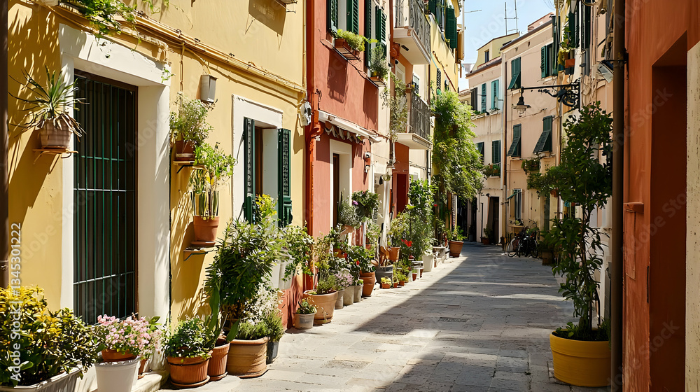 Fototapeta premium Narrow Street with Colorful Buildings and Lush Greenery in Southern Europe During Sunny Day