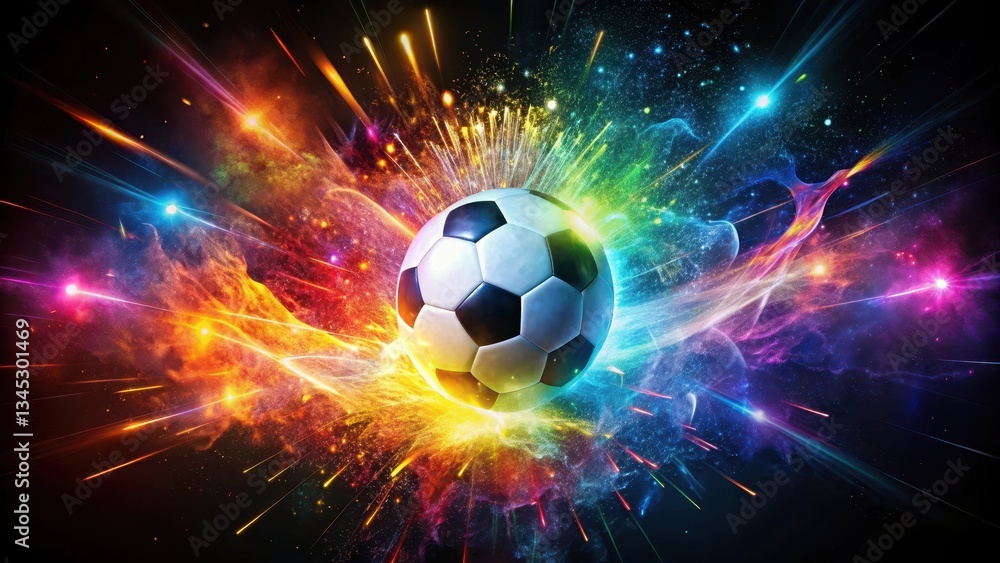 Fototapeta premium Vibrant explosion of colorful sparks emanating from a soccer ball as it bursts into radiant energy, colorful fragments, vibrant explosion