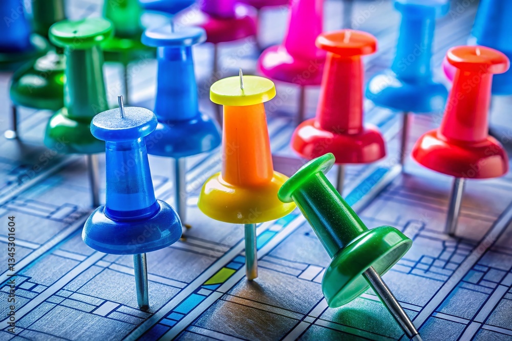 Colorful Push Pins on Architectural Blueprint - Modern Design Inspiration Colorful Push Pins on Architectural Blueprint - Modern Design Inspiration