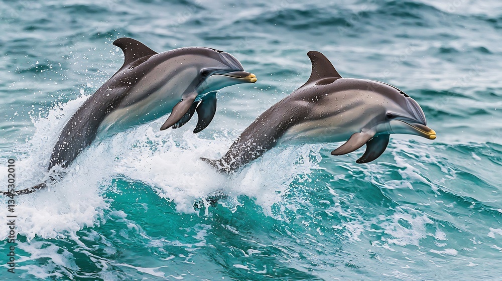 Obraz premium Pair of playful dolphins leaping out of the turquoise waves synchronized movement stunning ocean backdrop detailed wildlife photography bright and cheerful tones