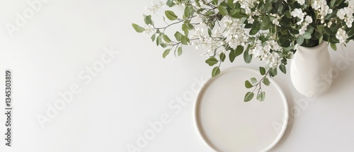 Top view of a clean white desk featuring a white vase with fresh flowers and a plate, creating a minimalist and serene workspace atmosphere.