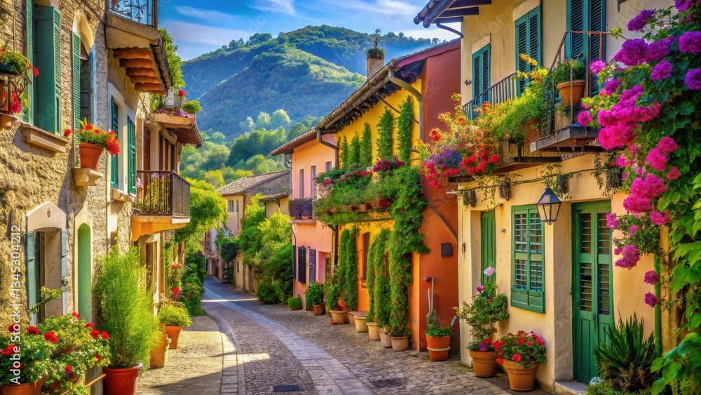 Fototapeta premium Picturesque cobblestone street lined with vibrant flower-adorned houses, idyllic mountain backdrop