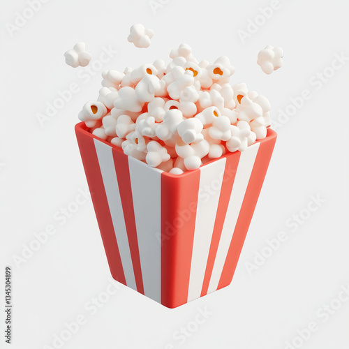 3D Popcorn Bucket Icon in Air, Red and White Striped Design.
