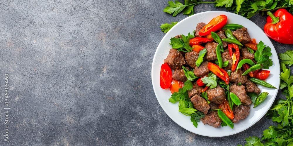 Freshly Cooked Beef Stir-Fry with Peppers and Greens on White Plate Freshly Cooked Beef Stir-Fry with Peppers and Greens on White Plate