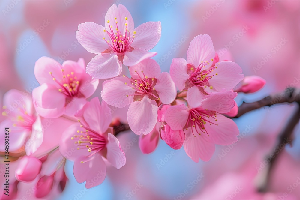 Close up photograph showing delicate pink cherry blossom flowers Close up photograph showing delicate pink cherry blossom flowers
