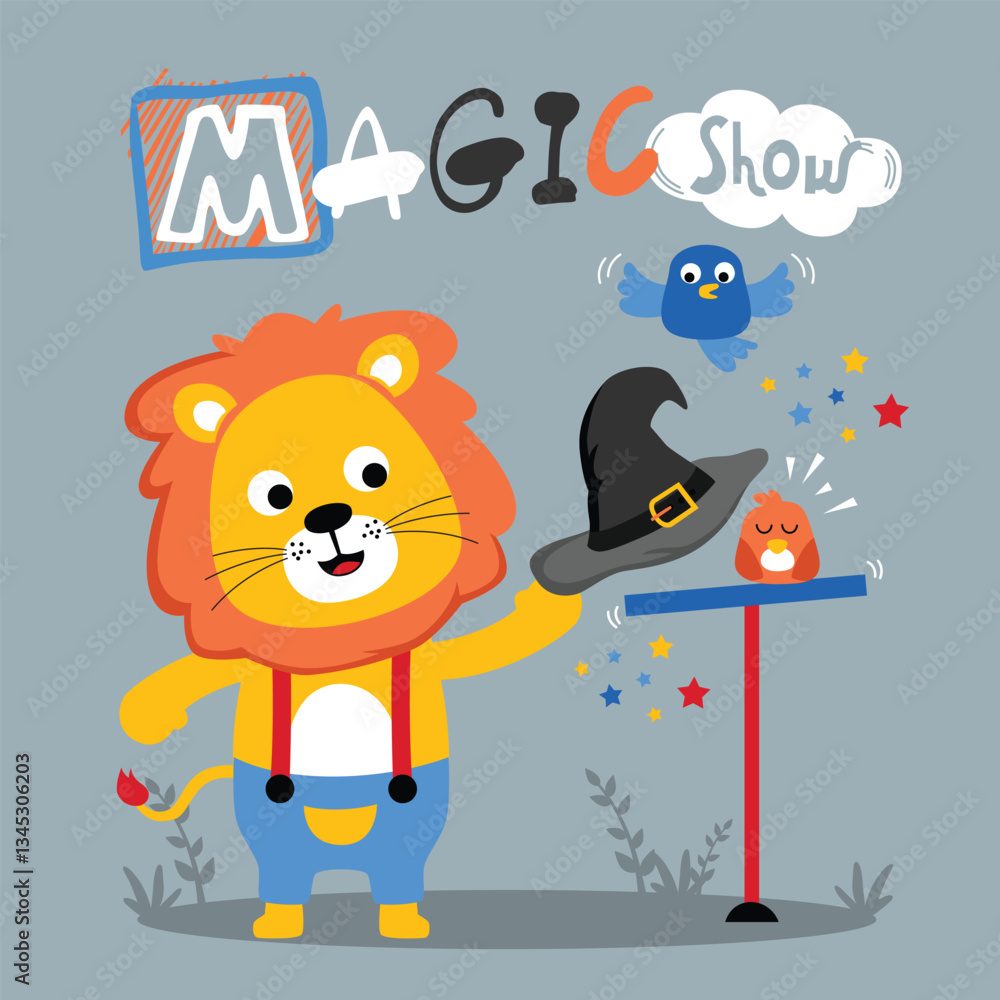 Fototapeta premium Lion performing magic tricks with a hat, birds, and