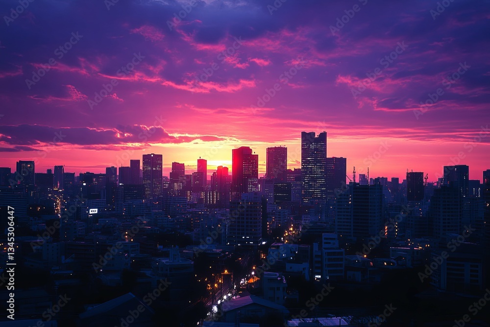 Fototapeta premium A vibrant cityscape illuminated by a colorful evening sunset