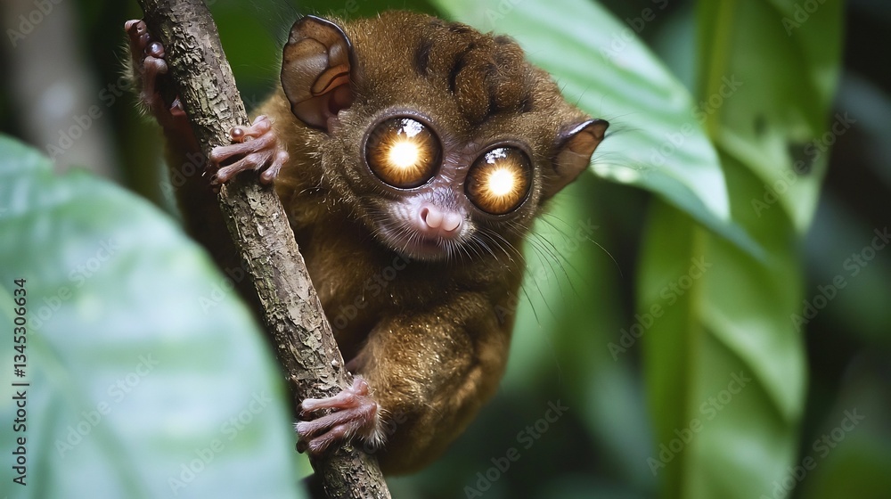 Obraz premium Peculiar tarsier clinging to a vine in the dense Philippine jungle its enormous eyes glowing under the moonlight