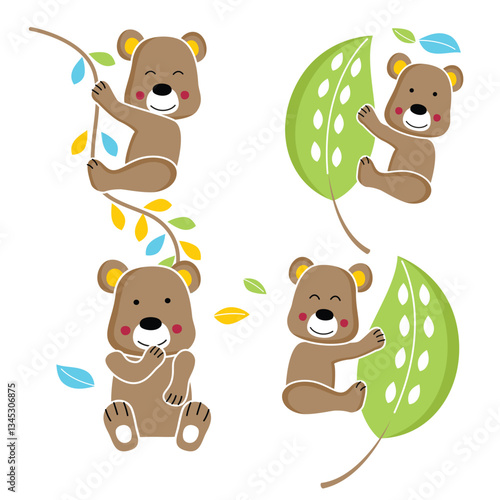 Cute cartoon bears playing with leaves and climbing trees. Fun animal behavior concept
