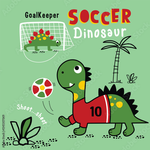 Cute cartoon dinosaur playing soccer as a goalkeeper and shooting the ball. Fun soccer game concept
