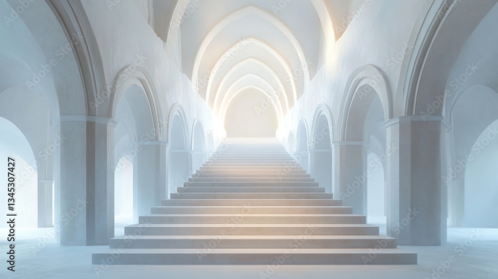 White arched stairway leading to light, empty interior, architectural background, great for use as a backdrop White arched stairway leading to light, empty interior, architectural background, great for use as a backdrop