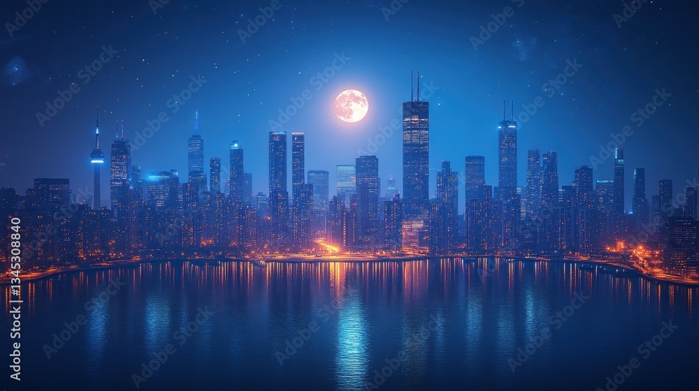 Fototapeta premium City skyline at night with full moon reflecting in water