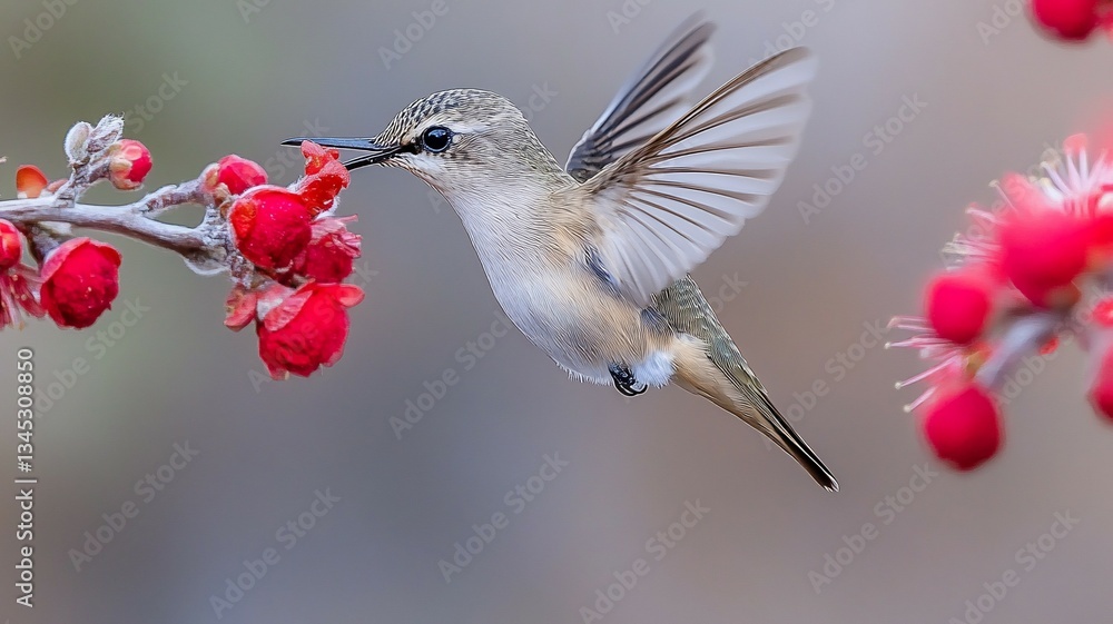 Fototapeta premium Hummingbird feeding on vibrant red blossoms