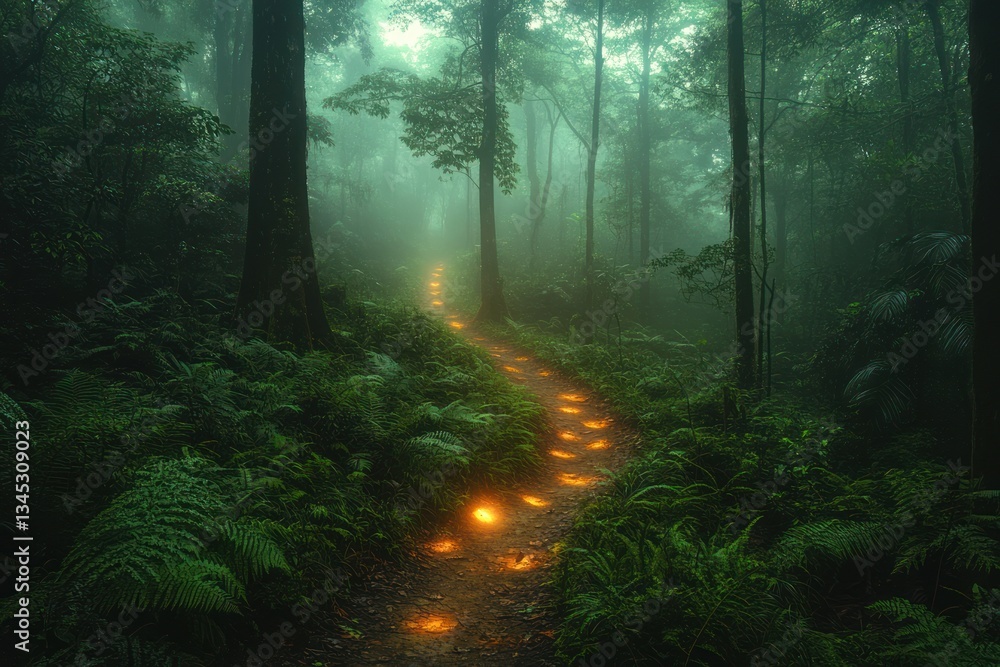 Fototapeta premium Lit path through misty rainforest at dusk